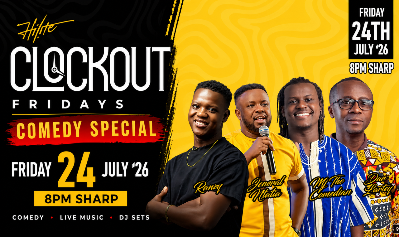 Clockout Fridays Comedy Special card for July 24 at 8 PM with four featured comedians