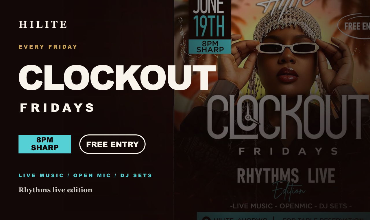 Clockout Fridays event card with HILITE branding, 8PM timing, free entry, and flyer artwork