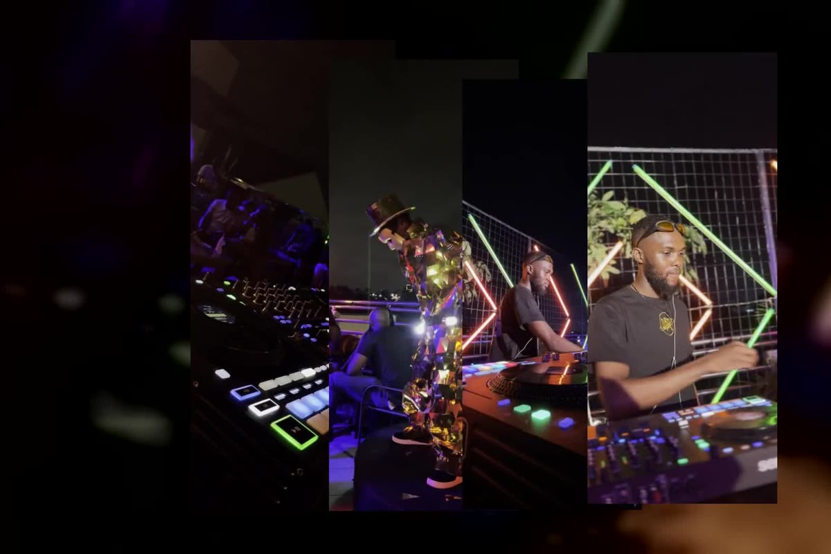 HILITE live entertainment montage with DJ equipment, performer, and rooftop lighting
